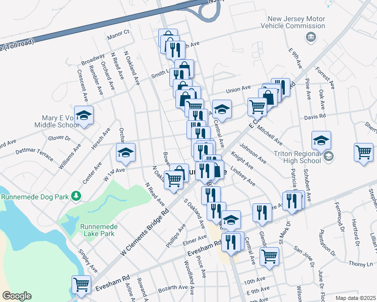 map of restaurants, bars, coffee shops, grocery stores, and more near 123 North Black Horse Pike in Runnemede