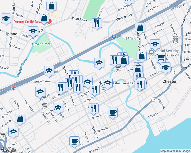 map of restaurants, bars, coffee shops, grocery stores, and more near 200 West 9th Street in Chester
