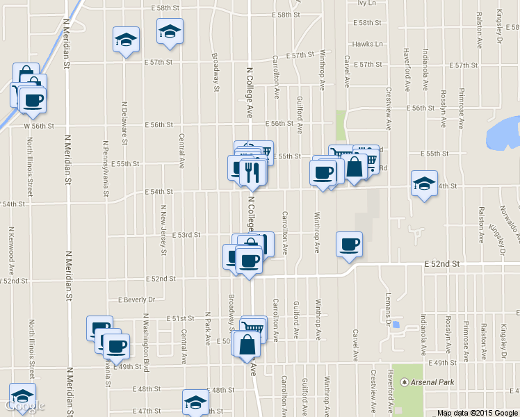 map of restaurants, bars, coffee shops, grocery stores, and more near 5347 North College Avenue in Indianapolis