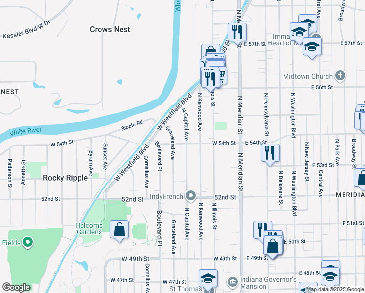 map of restaurants, bars, coffee shops, grocery stores, and more near 5401 North Capitol Avenue in Indianapolis