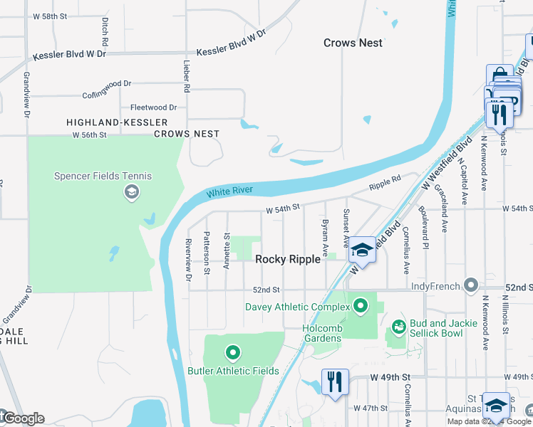 map of restaurants, bars, coffee shops, grocery stores, and more near 740 West 54th Street in Indianapolis