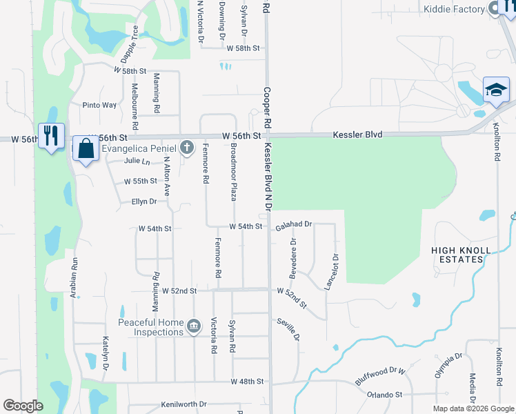 map of restaurants, bars, coffee shops, grocery stores, and more near 5438 West Kessler Boulevard North Drive in Indianapolis