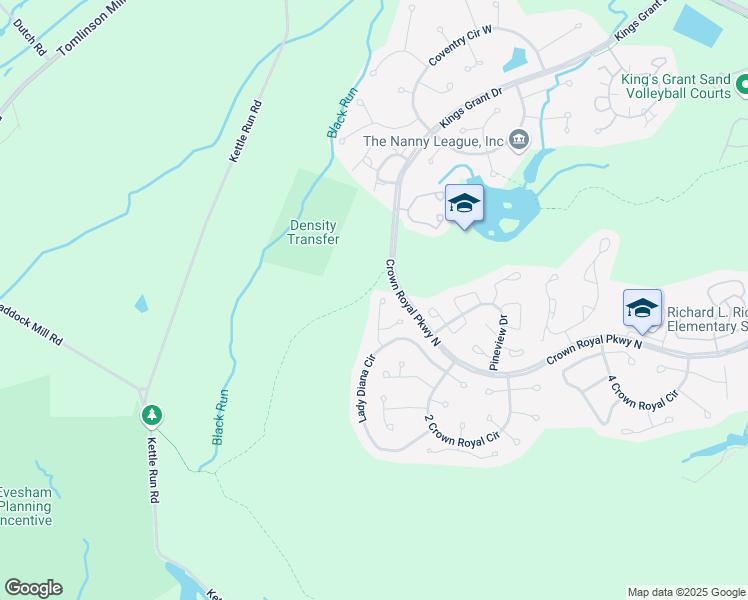 map of restaurants, bars, coffee shops, grocery stores, and more near Kings Grant Trails in Evesham Township