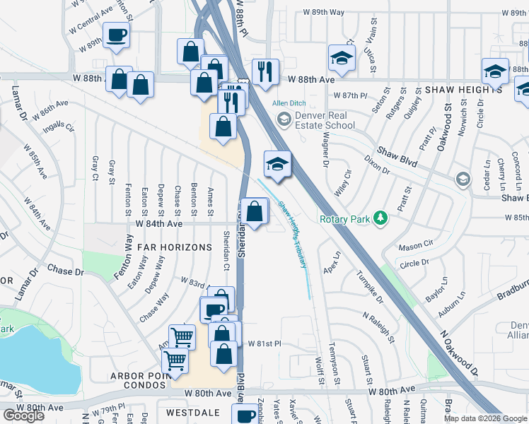 map of restaurants, bars, coffee shops, grocery stores, and more near 8490 Sheridan Boulevard in Arvada
