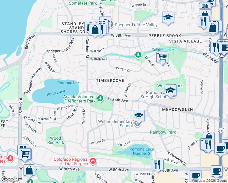 map of restaurants, bars, coffee shops, grocery stores, and more near 8418 Everett Way in Arvada