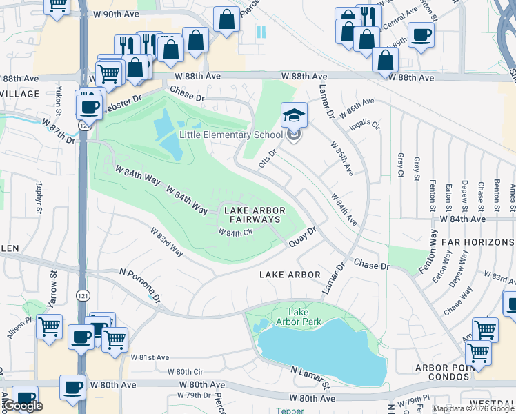map of restaurants, bars, coffee shops, grocery stores, and more near 6625 West 84th Way in Arvada