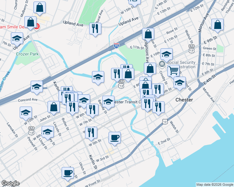 map of restaurants, bars, coffee shops, grocery stores, and more near 48 West 8th Street in Chester