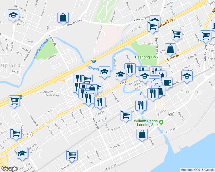 map of restaurants, bars, coffee shops, grocery stores, and more near 912 Barclay Street in Chester