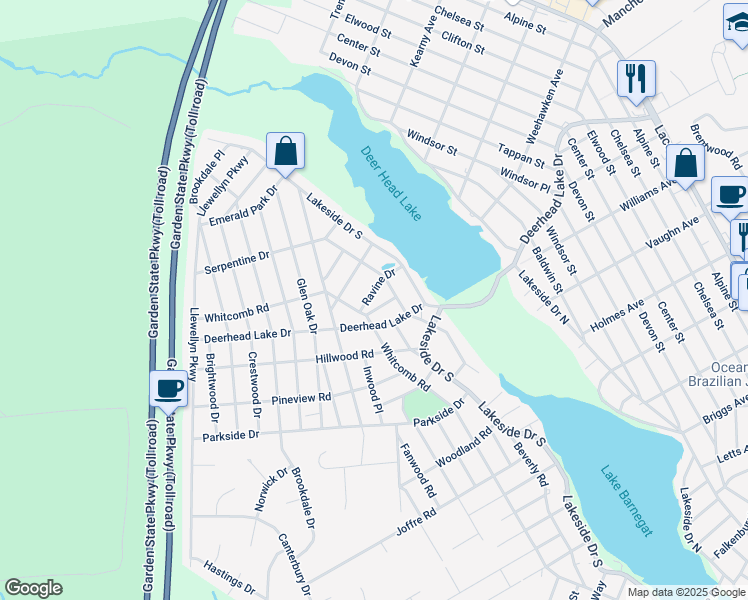 map of restaurants, bars, coffee shops, grocery stores, and more near 1809 Ravine Drive in Lacey Township