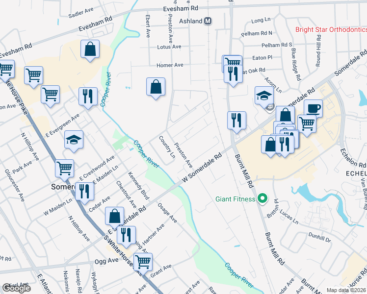 map of restaurants, bars, coffee shops, grocery stores, and more near 501 Preston Avenue in Voorhees Township