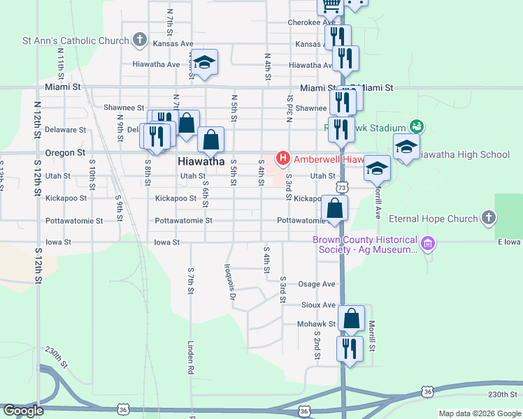 map of restaurants, bars, coffee shops, grocery stores, and more near 301 South 4th Street in Hiawatha