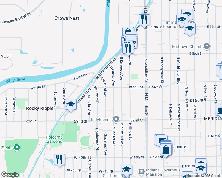map of restaurants, bars, coffee shops, grocery stores, and more near 5401 North Capitol Avenue in Indianapolis