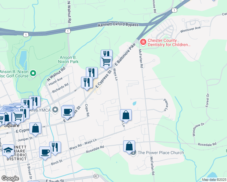 map of restaurants, bars, coffee shops, grocery stores, and more near 45 Ways Lane in Kennett Square