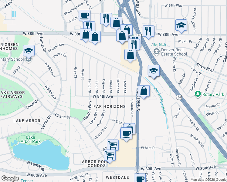 map of restaurants, bars, coffee shops, grocery stores, and more near 8423 Chase Street in Arvada