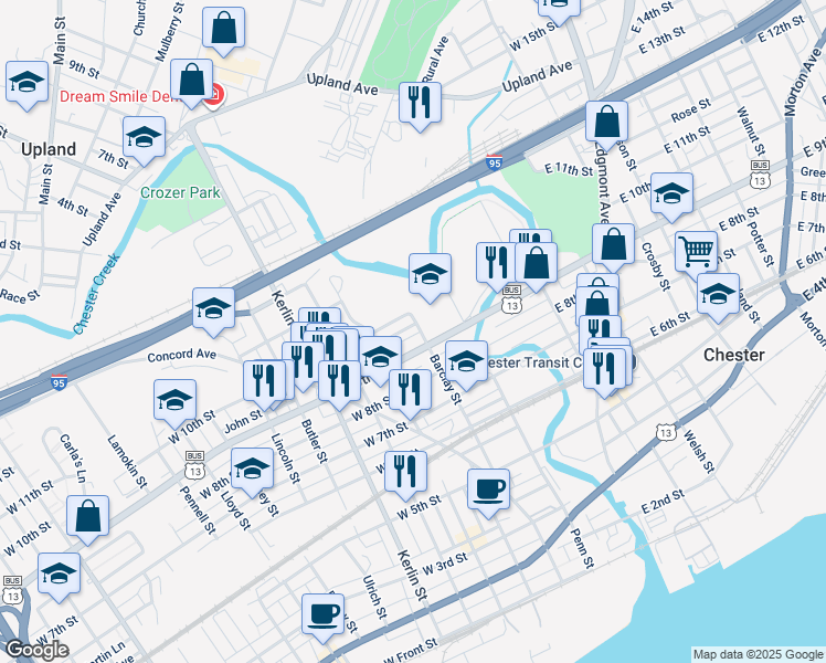 map of restaurants, bars, coffee shops, grocery stores, and more near 912 Barclay Street in Chester