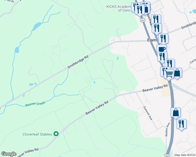 map of restaurants, bars, coffee shops, grocery stores, and more near 123 Beaver Valley Road in Chadds Ford