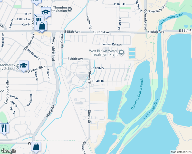 map of restaurants, bars, coffee shops, grocery stores, and more near 8461 Adams Way in Thornton