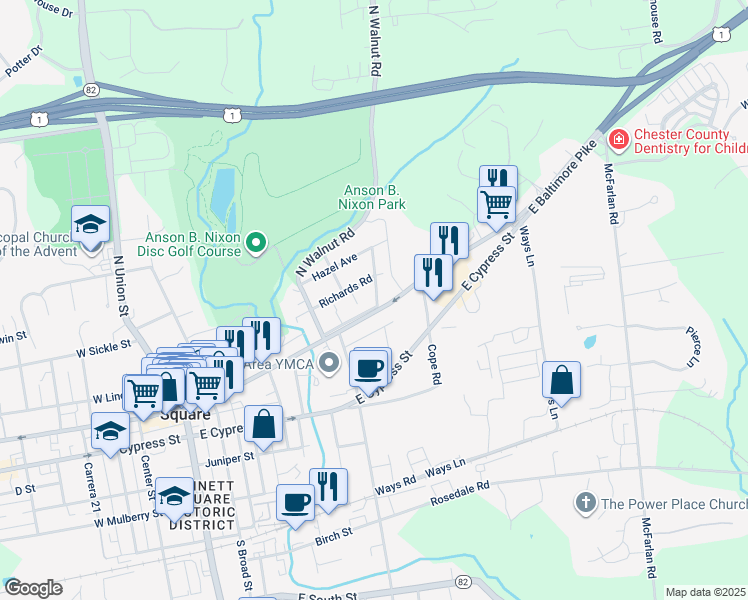 map of restaurants, bars, coffee shops, grocery stores, and more near 100 North Young Avenue in Kennett Square