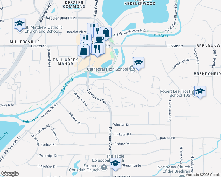 map of restaurants, bars, coffee shops, grocery stores, and more near 5331 Whisperwood Lane in Indianapolis
