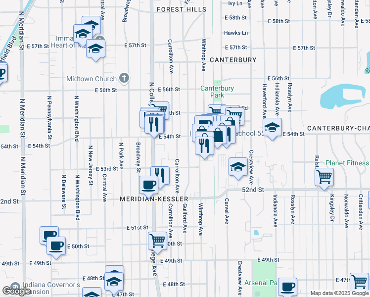 map of restaurants, bars, coffee shops, grocery stores, and more near 5351 Carrollton Avenue in Indianapolis