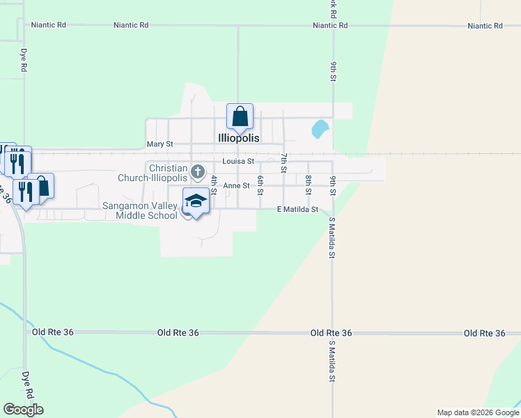 map of restaurants, bars, coffee shops, grocery stores, and more near 341 East Matilda Street in Illiopolis