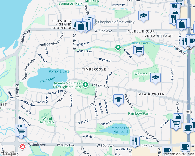 map of restaurants, bars, coffee shops, grocery stores, and more near 8420 Everett Way in Arvada