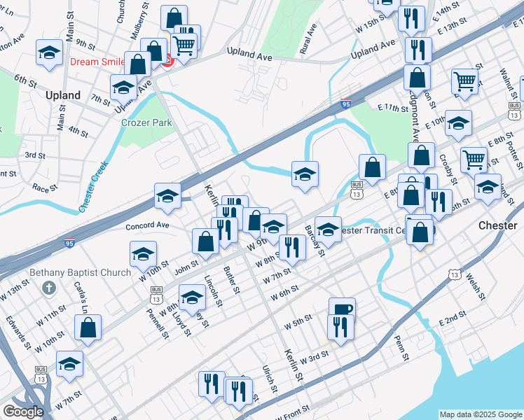 map of restaurants, bars, coffee shops, grocery stores, and more near 504 West 10th Street in Chester