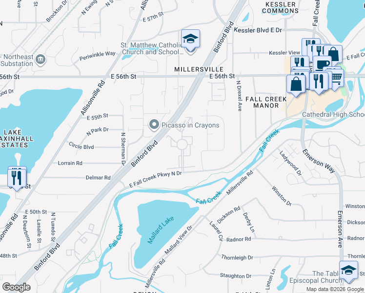 map of restaurants, bars, coffee shops, grocery stores, and more near 5356 Fallwood Drive in Indianapolis