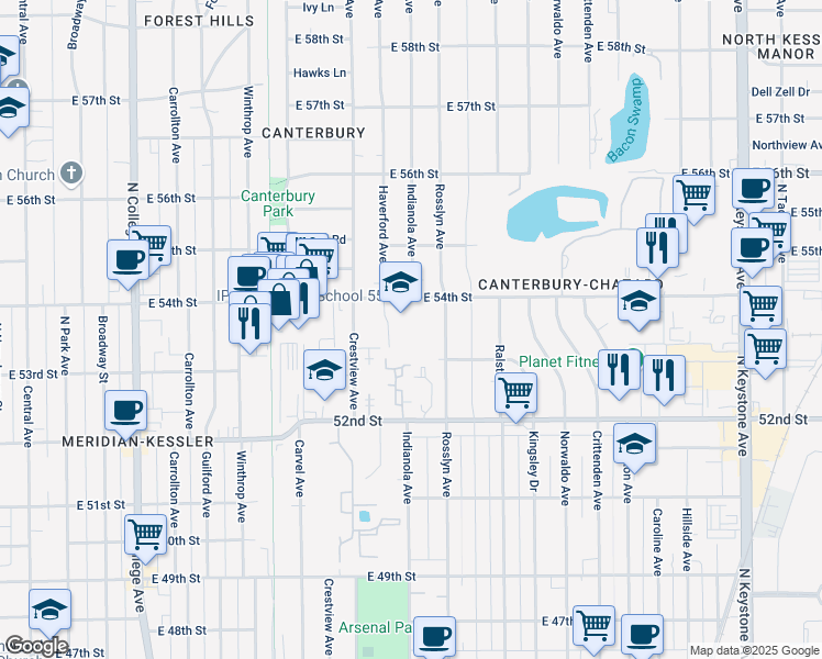 map of restaurants, bars, coffee shops, grocery stores, and more near 5348 Rosslyn Avenue in Indianapolis