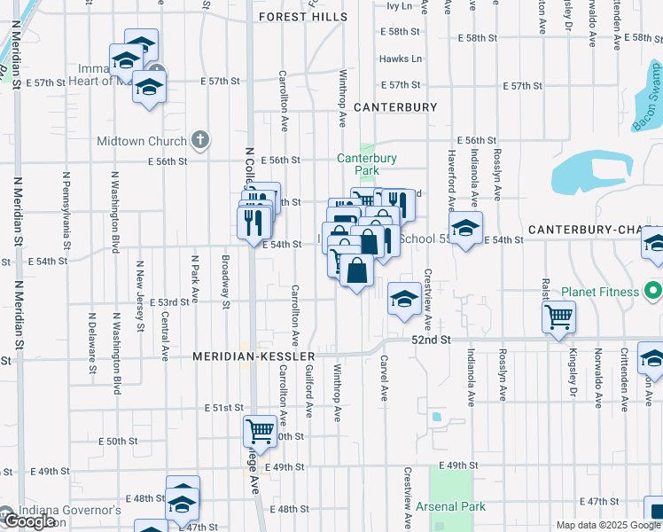map of restaurants, bars, coffee shops, grocery stores, and more near 5358 Winthrop Avenue in Indianapolis