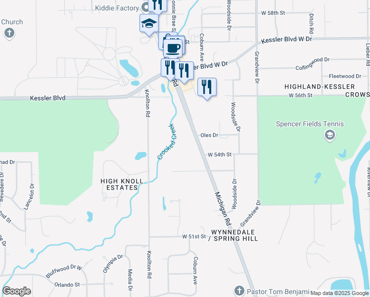 map of restaurants, bars, coffee shops, grocery stores, and more near 5480 Michigan Road in Indianapolis