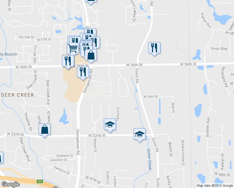map of restaurants, bars, coffee shops, grocery stores, and more near 5446 Nighthawk Drive in Indianapolis