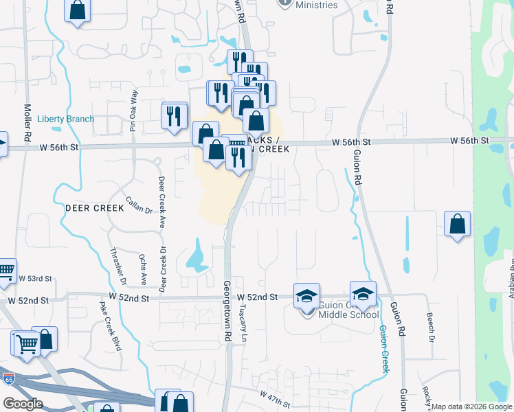 map of restaurants, bars, coffee shops, grocery stores, and more near 5462 kelvington Lane in Indianapolis