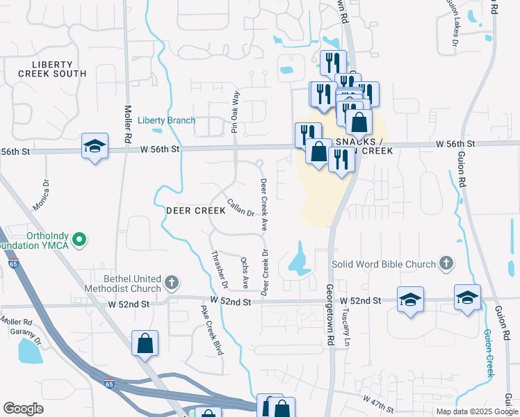 map of restaurants, bars, coffee shops, grocery stores, and more near 5439 Deer Creek Avenue in Indianapolis
