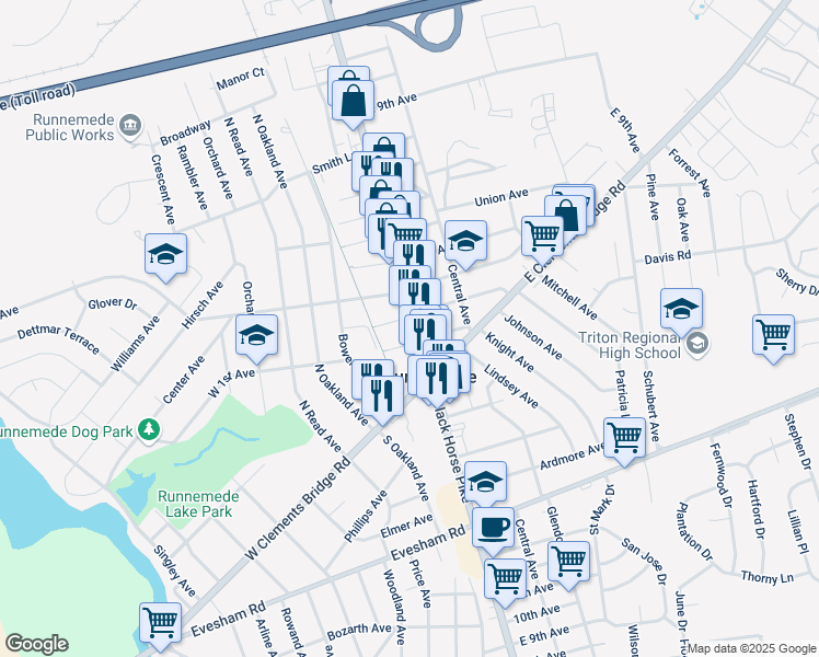 map of restaurants, bars, coffee shops, grocery stores, and more near 123 North Black Horse Pike in Runnemede