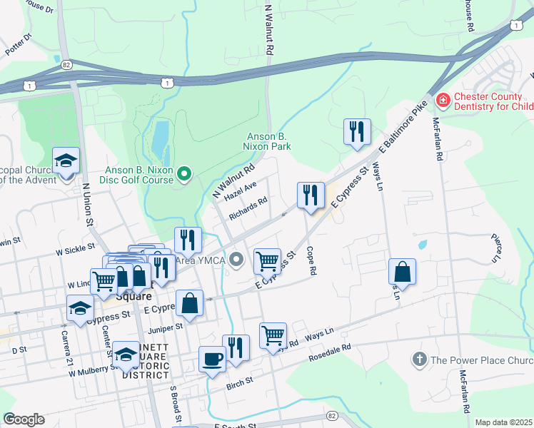 map of restaurants, bars, coffee shops, grocery stores, and more near 100 North Young Avenue in Kennett Square