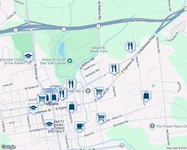 map of restaurants, bars, coffee shops, grocery stores, and more near 525 Richards Road in Kennett Square