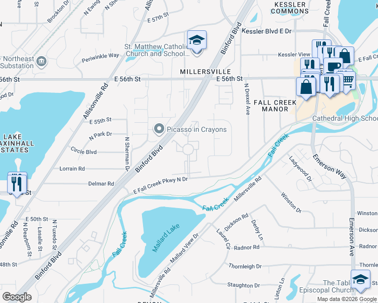 map of restaurants, bars, coffee shops, grocery stores, and more near 5356 Fallwood Drive in Indianapolis