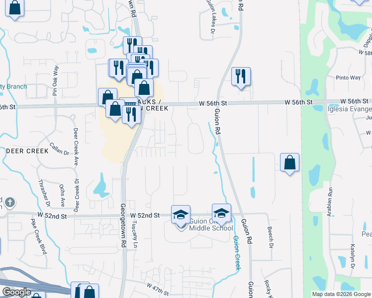 map of restaurants, bars, coffee shops, grocery stores, and more near 5446 Nighthawk Drive in Indianapolis