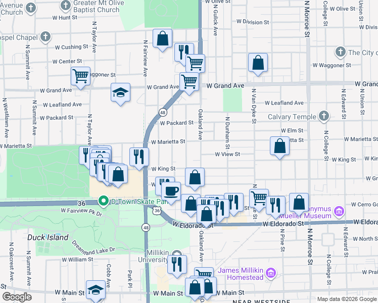 map of restaurants, bars, coffee shops, grocery stores, and more near 948 North Hill Avenue in Decatur