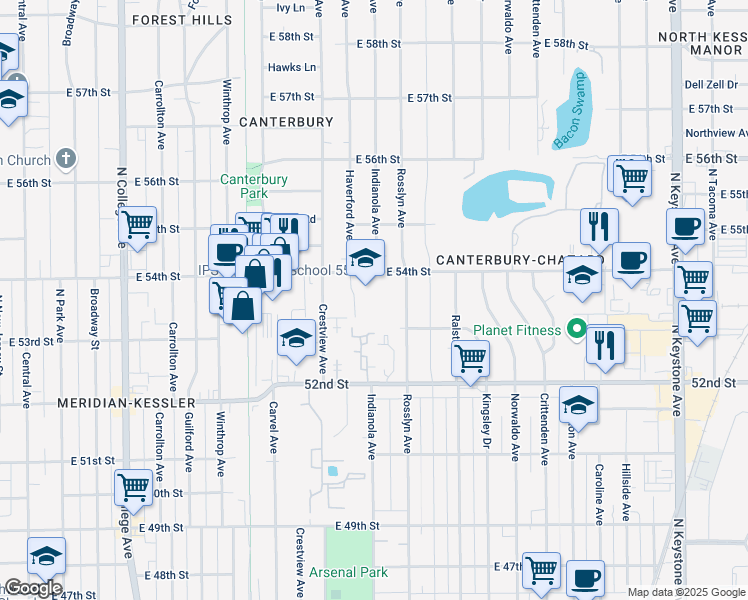 map of restaurants, bars, coffee shops, grocery stores, and more near 1349 East 54th Street in Indianapolis