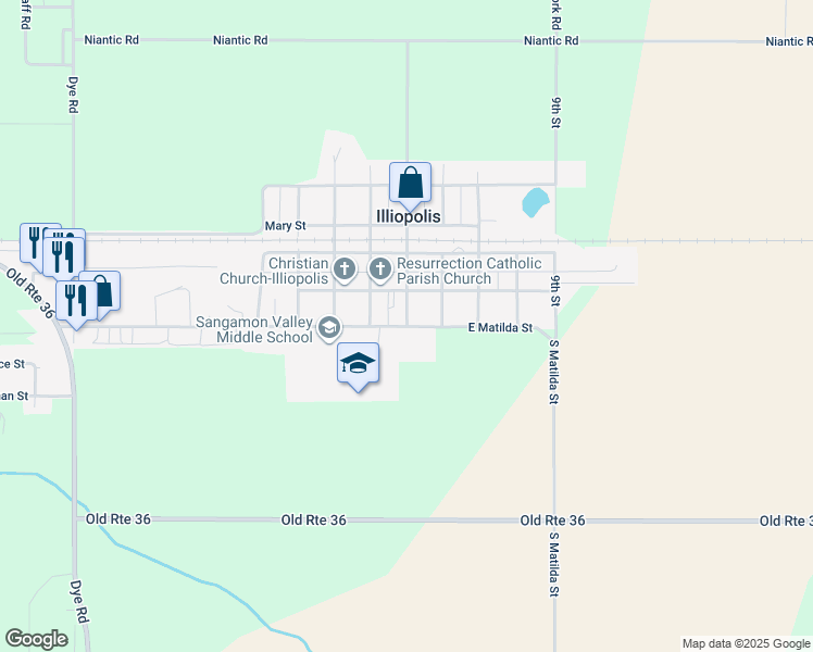 map of restaurants, bars, coffee shops, grocery stores, and more near 498 Matilda Street in Illiopolis