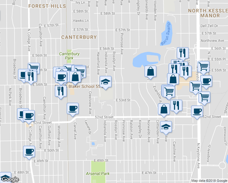 map of restaurants, bars, coffee shops, grocery stores, and more near 5348 Rosslyn Avenue in Indianapolis