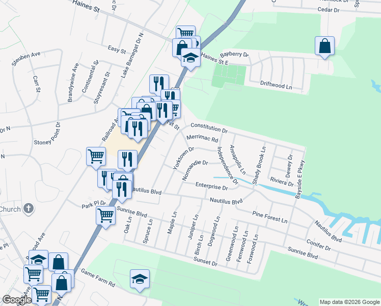 map of restaurants, bars, coffee shops, grocery stores, and more near 337 Yorktown Drive in Lacey Township