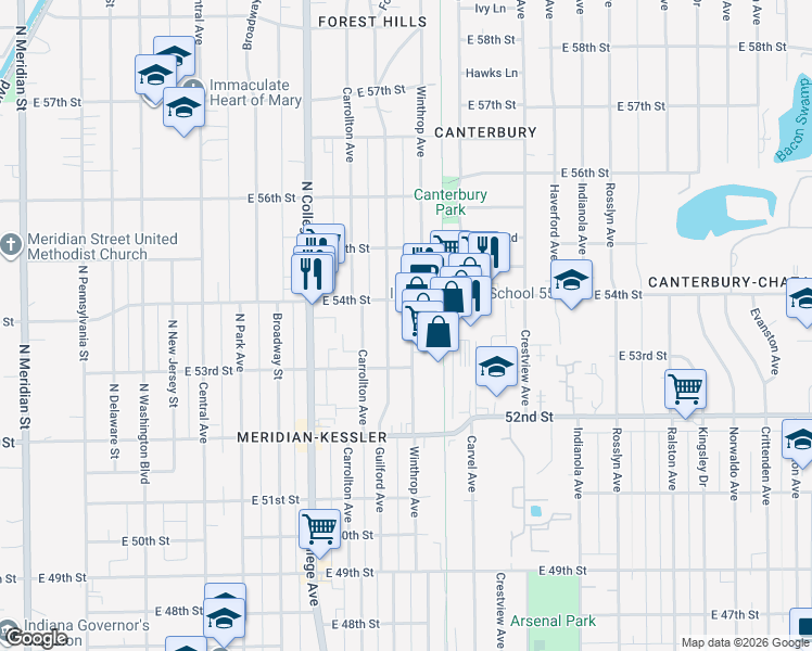map of restaurants, bars, coffee shops, grocery stores, and more near 5358 Winthrop Avenue in Indianapolis