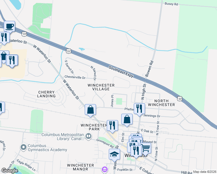 map of restaurants, bars, coffee shops, grocery stores, and more near 200 Portage Court in Canal Winchester
