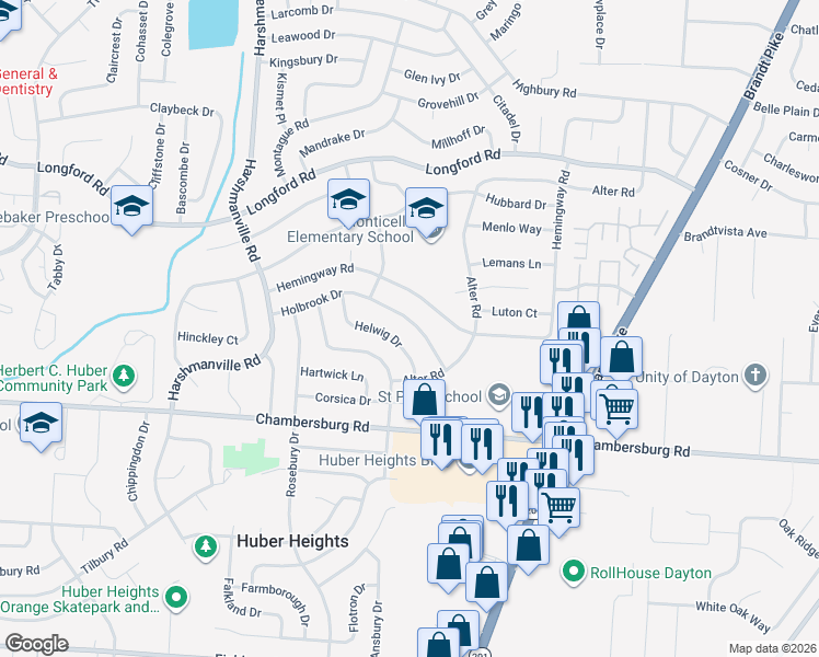 map of restaurants, bars, coffee shops, grocery stores, and more near 6324 Holbrook Drive in Dayton