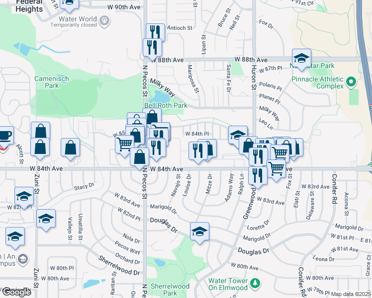 map of restaurants, bars, coffee shops, grocery stores, and more near 1327 West 84th Avenue in Denver