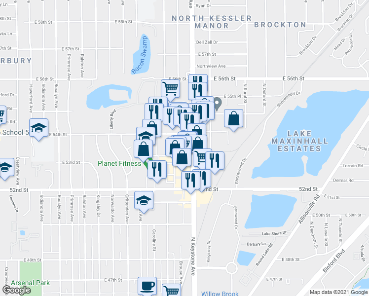 map of restaurants, bars, coffee shops, grocery stores, and more near 5350 North Keystone Avenue in Indianapolis