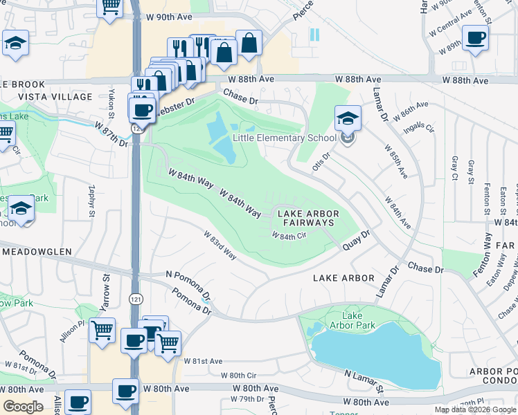 map of restaurants, bars, coffee shops, grocery stores, and more near 6875 West 84th Way in Arvada